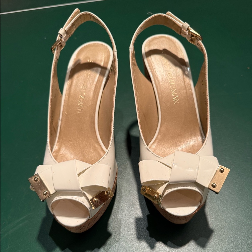Stylish Stuart Weitzman  White  Peep-Toe Slingback Platforms